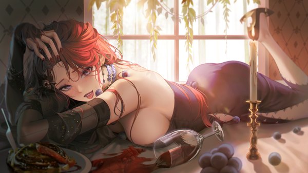 Anime picture 2600x1462 with path to nowhere cabernet (path to nowhere) tokkihouse single long hair looking at viewer blush fringe highres breasts light erotic wide image purple eyes red hair lying nail polish fingernails teeth reflection side slit