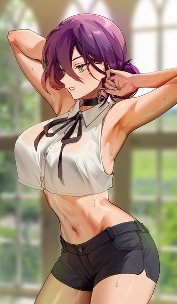 Anime picture 3500x6000 with chainsaw man mappa reze (chainsaw man) foxyrain single tall image blush fringe highres short hair breasts light erotic hair between eyes large breasts standing green eyes looking away absurdres purple hair indoors