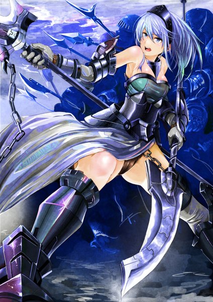 Anime picture 1000x1414 with koruse long hair tall image open mouth blue eyes light erotic blue hair girl gloves weapon boots armor chain