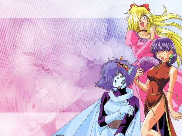 Anime picture 1280x960 with slayers j.c. staff gourry gabriev xelloss zelgadiss graywords blonde hair blue hair purple hair eyes closed wallpaper chinese clothes angry genderswap jpeg artifacts dress boy choker fan chinese dress