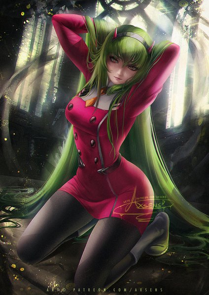 Anime picture 848x1200 with code geass darling in the franxx sunrise (studio) studio trigger c.c. zero two (darling in the franxx) axsen single tall image looking at viewer fringe hair between eyes brown eyes signed full body indoors very long hair horn (horns) green hair light smile
