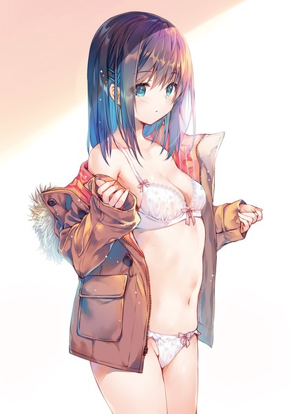 Anime picture 1357x1920 with original miwabe sakura single long hair tall image looking at viewer blush fringe breasts blue eyes light erotic simple background hair between eyes standing payot blue hair cleavage scan off shoulder open clothes