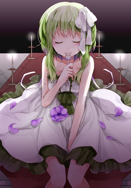 Anime picture 730x1040 with vocaloid gumi noki (potekoro) single long hair tall image sitting eyes closed green hair crying girl dress flower (flowers) ribbon (ribbons) hair ribbon petals teardrop fork