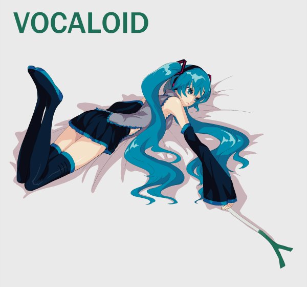 Anime picture 1200x1120 with vocaloid hatsune miku single long hair blue eyes twintails blue hair lying inscription girl skirt detached sleeves thigh boots