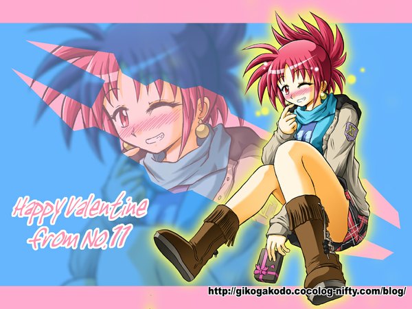 Anime picture 1024x768 with mahou shoujo lyrical nanoha mahou shoujo lyrical nanoha strikers wendi blush short hair red eyes red hair one eye closed wink valentine casual girl skirt miniskirt
