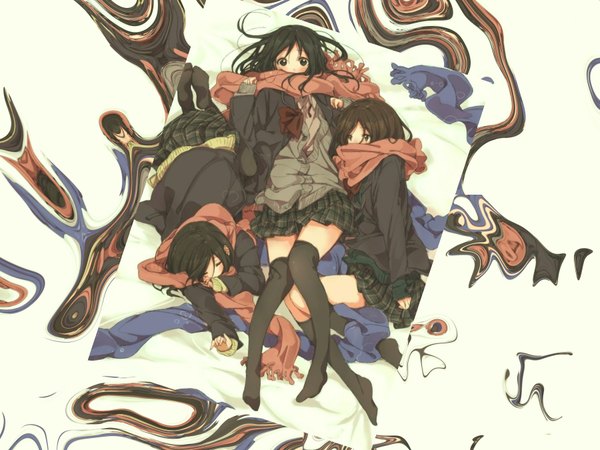 Anime picture 1800x1350 with original krsk long hair looking at viewer blush highres black hair brown hair multiple girls brown eyes lying eyes closed pleated skirt from behind black eyes no shoes back plaid skirt undressing sleeping