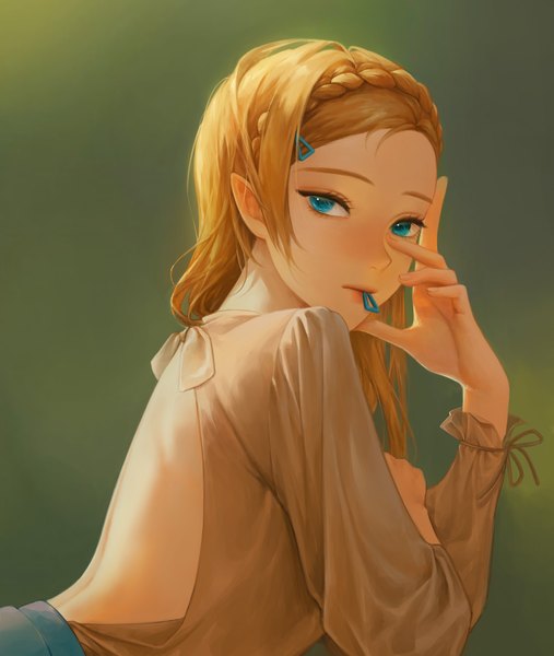 Anime picture 4608x5458 with the legend of zelda the legend of zelda: breath of the wild nintendo princess zelda tanna single long hair tall image looking at viewer highres blue eyes simple background blonde hair holding absurdres braid (braids) pointy ears mouth hold back elf