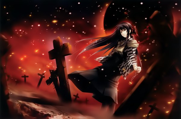 Anime picture 4000x2642 with cartagra kouzuki kazuna sugina miki single long hair fringe highres black hair hair between eyes standing twintails holding looking away absurdres sky cloud (clouds) traditional clothes japanese clothes pleated skirt wind