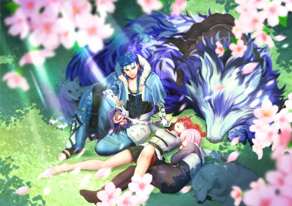 Anime picture 1200x848 with fate (series) fate/grand order fate/stay night mash kyrielight fujimaru ritsuka (female) cu chulainn (fate) cu chulainn alter (fate/grand order) cu chulainn (fate/grand order) lobo (fate/grand order) hessian (fate/grand order) kassan (kassan 5a) long hair short hair red eyes sitting multiple girls blue hair pink hair bent knee (knees) red hair