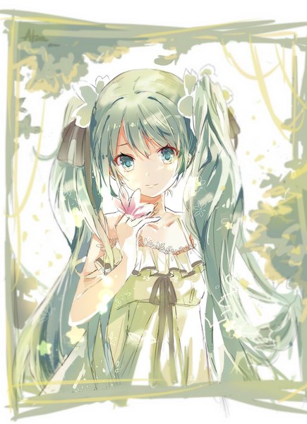 Anime picture 850x1171 with vocaloid hatsune miku alitia single long hair tall image looking at viewer fringe smile twintails bare shoulders aqua eyes aqua hair girl dress flower (flowers) white dress scrunchie hair tie