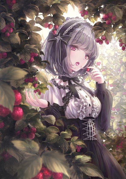Anime picture 1302x1842 with original missle228 single tall image looking at viewer blush fringe short hair open mouth standing purple eyes holding blunt bangs long sleeves head tilt grey hair lacing lolita fashion goth-loli girl