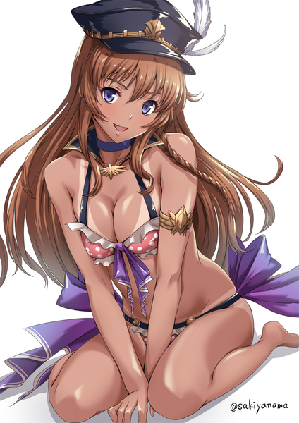 Anime picture 800x1131 with granblue fantasy liscia (granblue fantasy) sakiyamama single long hair tall image looking at viewer blush fringe breasts open mouth light erotic simple background smile brown hair white background sitting purple eyes bare shoulders signed