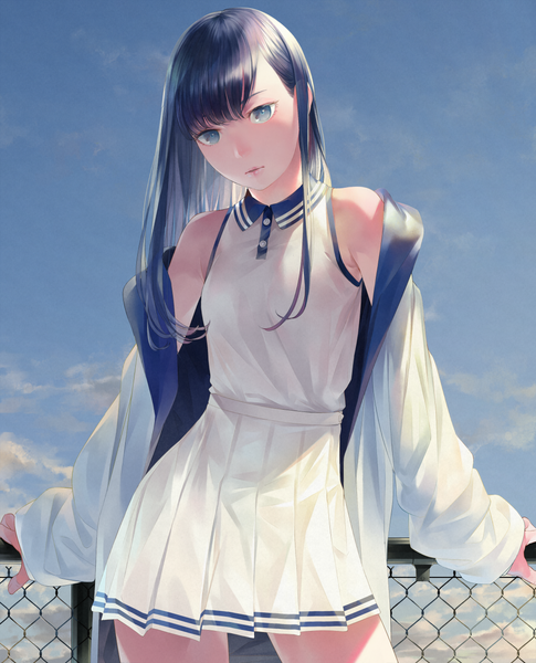 Anime picture 1050x1300 with original sousou (sousouworks) single long hair tall image looking at viewer fringe blue eyes black hair bare shoulders sky outdoors pleated skirt off shoulder open jacket girl skirt jacket