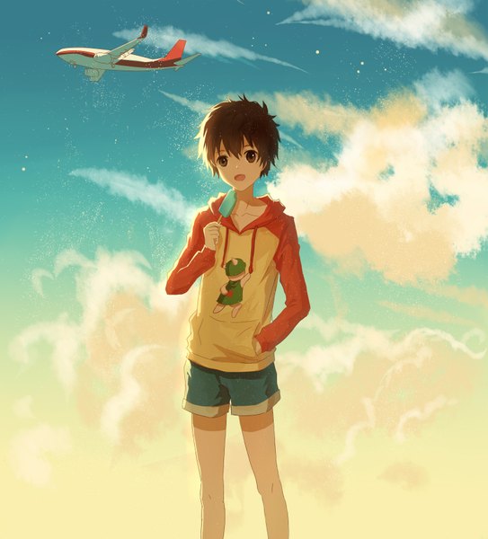 Anime picture 1508x1666 with original lan jue single tall image looking at viewer fringe short hair open mouth brown hair brown eyes sky cloud (clouds) long sleeves shadow hand in pocket girl food shorts sweets hood