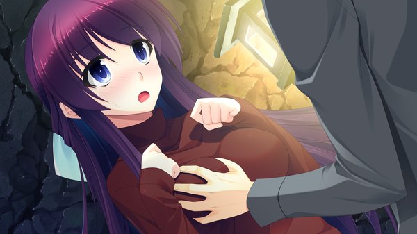 Anime picture 1280x720 with hyouka no mau sora ni mio (hyouka no mau sora ni) long hair blush blue eyes light erotic wide image game cg purple hair breast grab girl sweater