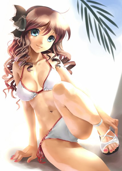 Anime picture 642x900 with original katahira masashi single long hair tall image looking at viewer breasts light erotic brown hair sitting nail polish aqua eyes bare belly pink nail polish curly hair toenail polish girl navel swimsuit plant (plants)