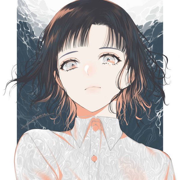 Anime picture 5000x5000 with original sogawa single looking at viewer fringe highres short hair black hair signed absurdres upper body multicolored hair two-tone hair colored inner hair silver eyes girl shirt
