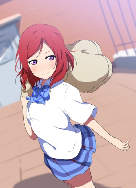 Anime picture 656x900 with love live! school idol project sunrise (studio) love live! nishikino maki icehotmilktea single long hair tall image blush fringe smile standing purple eyes holding looking away ahoge red hair pleated skirt arm up wind