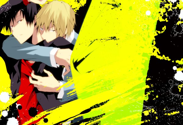 Anime picture 1261x864 with durarara!! brains base (studio) orihara izaya heiwajima shizuo short hair black hair blonde hair red eyes hug boy