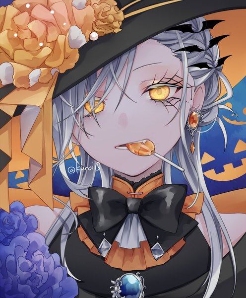 Anime picture 800x967 with original kuroi (liar-player) single long hair tall image looking at viewer holding signed yellow eyes silver hair upper body twitter username mouth hold halloween food in mouth girl hat earrings food sweets