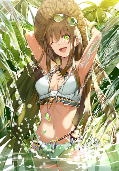 Anime picture 1050x1500 with original ddaomphyo single tall image looking at viewer fringe breasts open mouth light erotic smile hair between eyes brown hair standing green eyes payot cleavage outdoors very long hair head tilt one eye closed