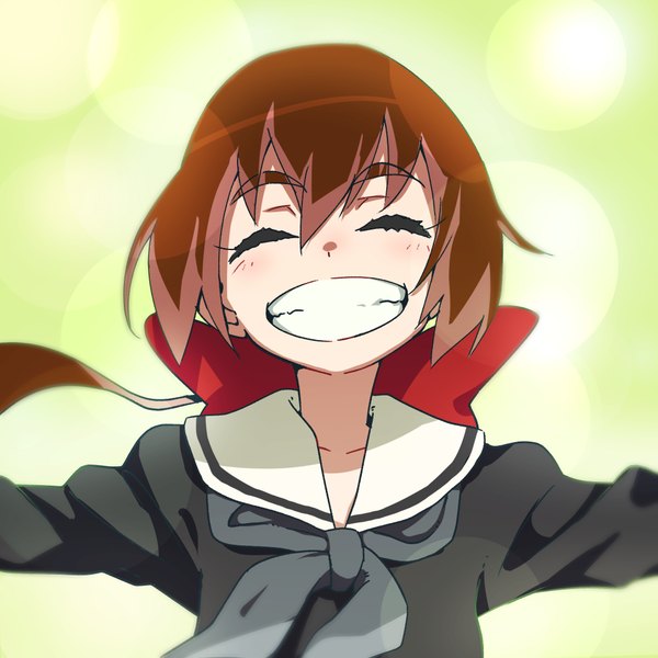 Anime picture 1000x1000 with kyousogiga toei animation koto (kyousougiga) ammonio single long hair blush fringe smile hair between eyes brown hair upper body eyes closed teeth spread arms eyebrows green background girl uniform bow