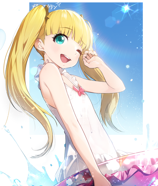 Anime picture 1100x1287 with idolmaster idolmaster cinderella girls idolmaster cinderella girls starlight stage mary cochran fpanda single long hair tall image looking at viewer fringe open mouth blonde hair smile standing twintails bare shoulders holding sky blunt bangs head tilt