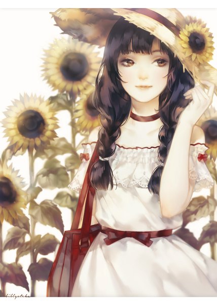 Anime picture 700x982 with original lucia (biblyoteka) single tall image fringe white background bare shoulders brown eyes signed looking away braid (braids) arm up light smile off shoulder twin braids girl dress flower (flowers) hat belt
