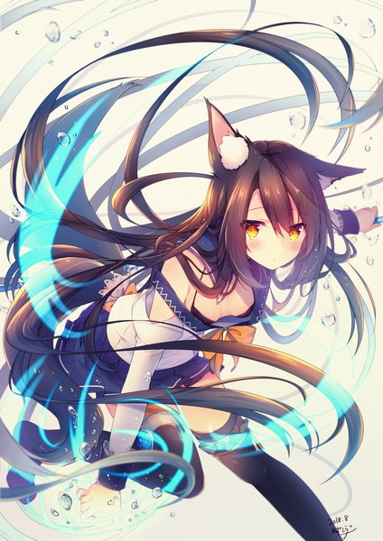 Anime picture 800x1131 with original azu torako single tall image looking at viewer blush fringe breasts light erotic black hair simple background hair between eyes standing holding signed animal ears yellow eyes cleavage tail very long hair