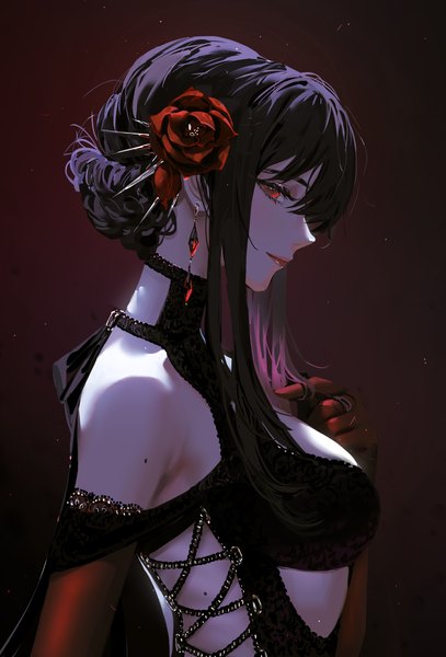 Anime picture 4074x6000 with spy x family yor briar nixeu single long hair tall image looking at viewer fringe highres breasts light erotic black hair simple background hair between eyes red eyes large breasts bare shoulders absurdres upper body profile