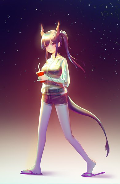 Anime picture 1949x2994 with arknights ch'en (arknights) licola single long hair tall image fringe highres purple eyes holding payot looking away purple hair full body ponytail tail horn (horns) night night sky gradient background