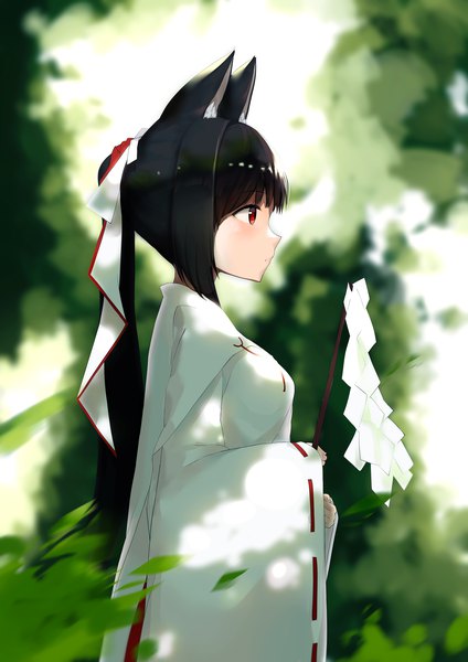 Anime picture 3500x4950 with original dingding tu single long hair tall image fringe highres black hair red eyes standing holding animal ears payot looking away absurdres outdoors ponytail blunt bangs traditional clothes japanese clothes