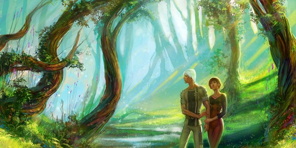 Anime picture 1600x800 with original anndr (artist) short hair brown hair wide image standing white hair sunlight shadow couple hug dark skin holding hands river girl boy flower (flowers) plant (plants) tree (trees) forest