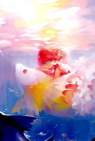 Anime picture 2202x3277 with last summer (artbook) original lee kyunghee (artist) single long hair tall image highres blue eyes pink hair sunlight underwater riding girl fish (fishes)