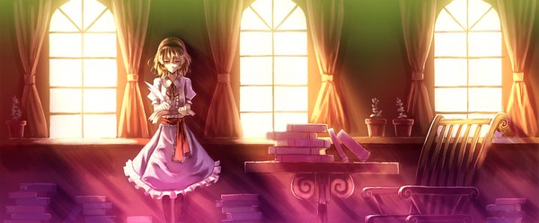 Anime picture 1760x728 with touhou alice margatroid paseri single highres short hair blonde hair wide image yellow eyes girl dress window hairband book (books)