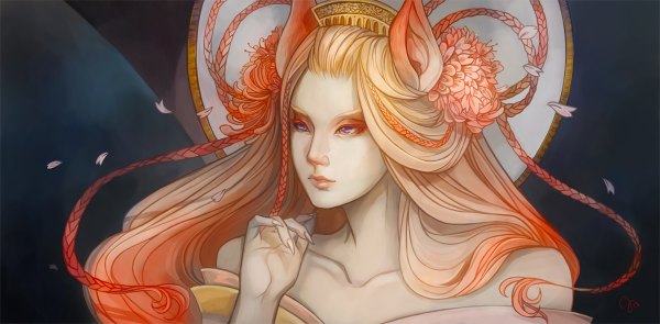 Anime-Bild 1200x590 mit original juuhanna single long hair open mouth simple background blonde hair wide image purple eyes bare shoulders animal ears braid (braids) nail polish multicolored hair fingernails orange hair two-tone hair fox ears long fingernails makeup