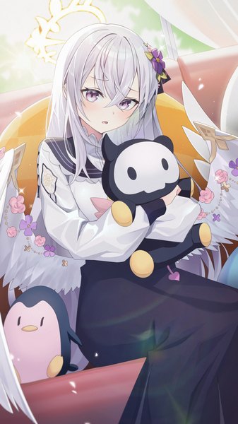 Anime picture 2160x3840 with blue archive azusa (blue archive) netisz single long hair tall image fringe highres hair between eyes sitting purple eyes silver hair indoors white wings girl wings toy halo stuffed animal stuffed toy