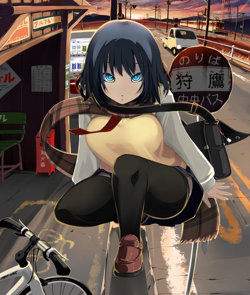 Anime picture 1400x1650 with original shiki (psychedelic g2) single tall image short hair blue eyes black hair evening sunset girl thighhighs uniform black thighhighs school uniform scarf school bag ground vehicle car train bicycle