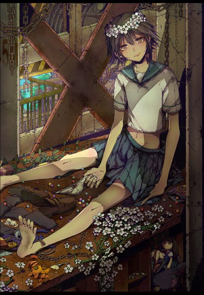 Anime picture 782x1130 with sayonara zetsubou sensei shaft (studio) sekiutsu maria tarou nai kitsu (artist) single tall image short hair black hair smile brown eyes letterboxed shoes removed girl skirt uniform underwear panties flower (flowers) plant (plants) school uniform