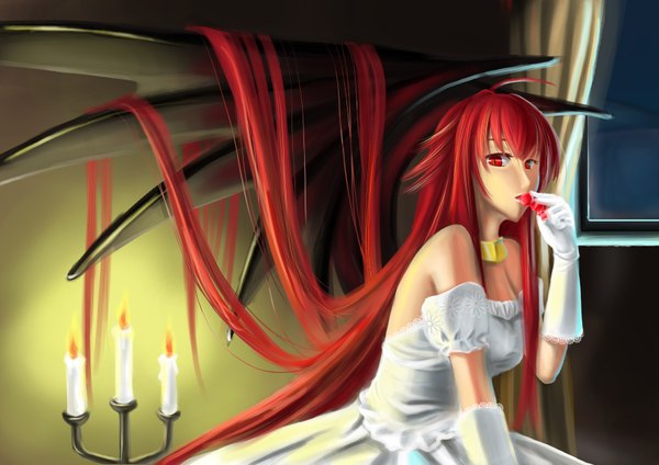 Anime picture 3508x2480 with highschool dxd rias gremory ccjn single blush highres blue eyes red eyes absurdres red hair very long hair black wings girl dress wings choker jewelry wedding dress candle (candles)