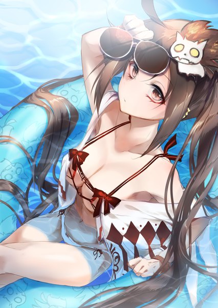 Anime picture 1240x1748 with fate (series) fate/grand order yu mei-ren (fate) yu miaoyi (swimsuit lancer) tsumi2112 single tall image looking at viewer blush fringe breasts light erotic brown hair large breasts sitting twintails brown eyes payot ahoge very long hair