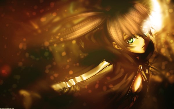 Anime picture 1920x1200 with black rock shooter black rock shooter (character) katkooota single long hair highres brown hair wide image twintails green eyes light girl