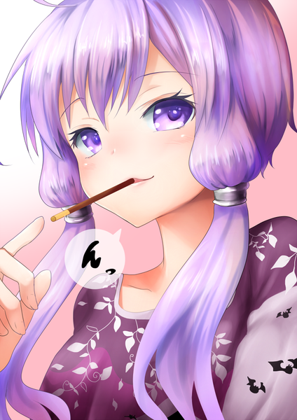 Anime picture 707x1000 with vocaloid yuzuki yukari as (niconico) single long hair tall image blush fringe purple eyes twintails looking away purple hair low twintails floral print close-up girl food sweets hair tubes pocky