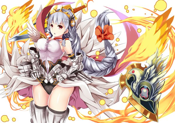 Anime picture 1131x800 with puzzle & dragons valkyrie (p&d) yuu (asaiyuji) single long hair light erotic red eyes bare shoulders silver hair braid (braids) girl dress gloves bow weapon hair bow sword wings elbow gloves armor