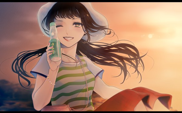 Anime picture 1100x688 with original asarai single long hair fringe smile brown hair sitting brown eyes sky blunt bangs one eye closed wind lipstick letterboxed low ponytail red lipstick girl hat bracelet