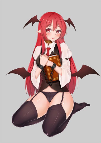Anime picture 992x1402 with touhou koakuma pomie de sunny single long hair tall image looking at viewer blush fringe light erotic simple background hair between eyes red eyes holding full body bent knee (knees) red hair long sleeves pointy ears wide sleeves