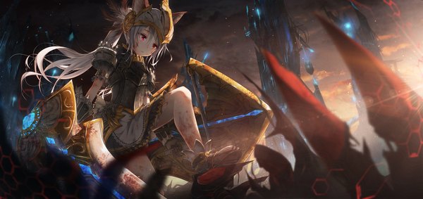 Anime picture 2100x992 with tera online elin (tera) bae.c single long hair fringe highres hair between eyes red eyes wide image payot sky cloud (clouds) bent knee (knees) white hair ponytail sunlight looking down glowing weapon dirty