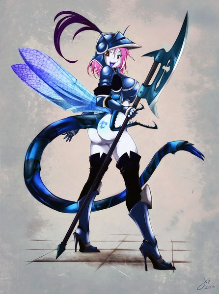 Anime picture 1041x1400 with jessicaelwood (artist) single tall image short hair light erotic smile red eyes pink hair ass tail tattoo monster girl insect wings girl weapon wings helmet