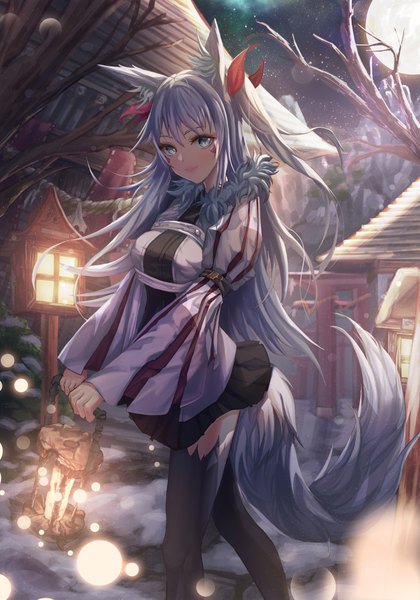 Anime picture 2803x4007 with original tmtl aos single long hair tall image looking at viewer blush fringe highres blue eyes smile hair between eyes holding animal ears silver hair outdoors tail animal tail night wide sleeves