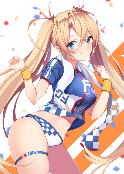 Anime picture 1036x1450 with fate (series) fate/grand order bradamante (fate/grand order) bradamante (festival outfit) (fate) maosame single long hair tall image looking at viewer blush fringe breasts blue eyes light erotic simple background blonde hair smile hair between eyes large breasts standing